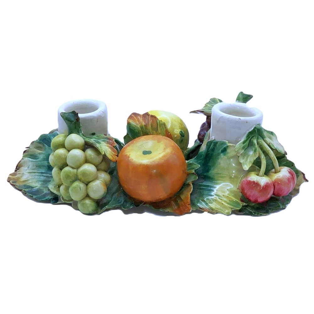 Gorgeous Antique Capodimonte Fruit Foliage Two-Candle Holder Handmade Italy 10x5